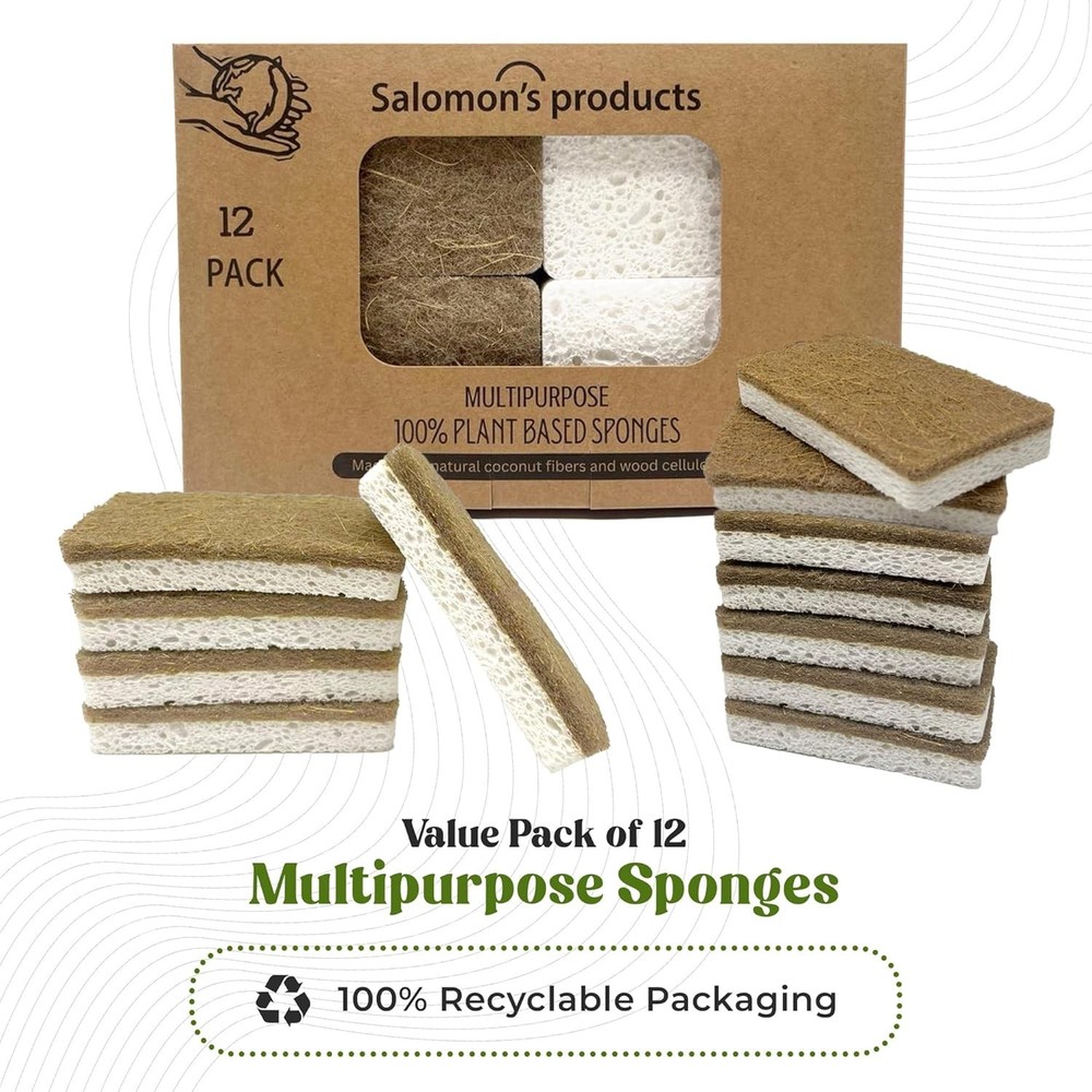 12 Pack Eco-Friendly Biodegradable Kitchen Sponges Natural Cellulose Coconut ...