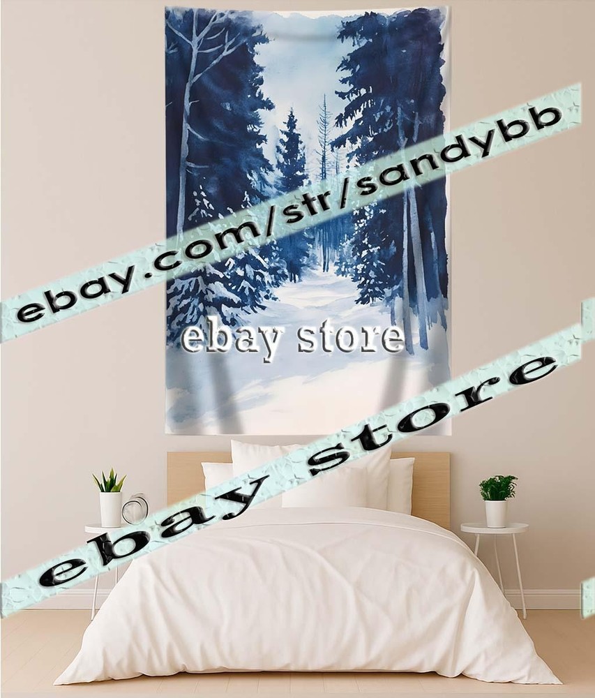 Snowy Forest Path tapestry serene pine forest scene 39X59 in