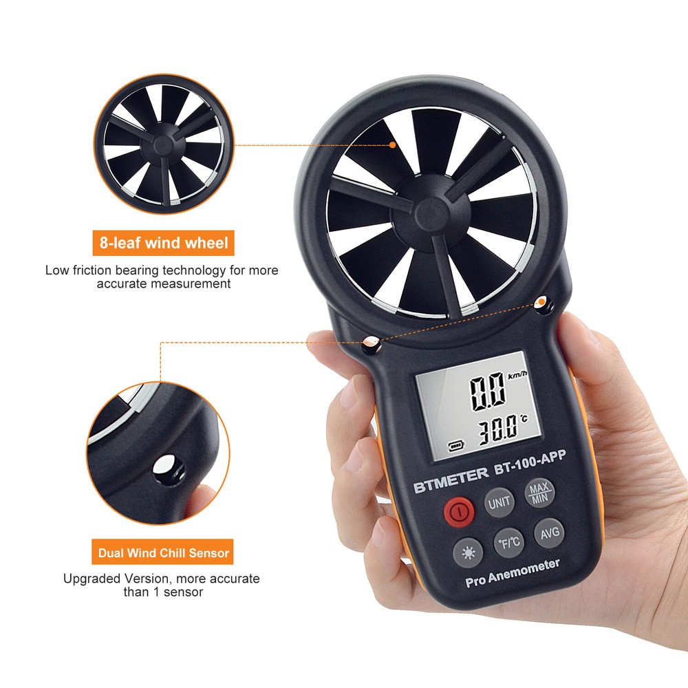 Handheld Digital Anemometer Wind Speed Gauge Meter 30m/s Wind Temp Tester w/APP
