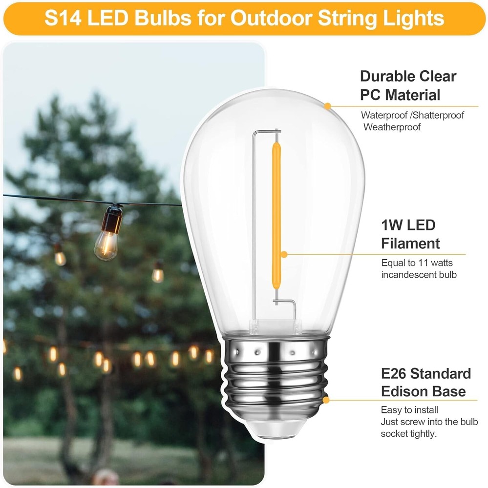 Outdoor Patio String Light Bulbs Shatterproof Waterproof S14 LED Replacement 15P