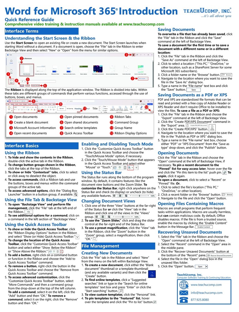 Word for Microsoft 365 Training Tutorial Guide Quick Reference Card Cheat Sheet