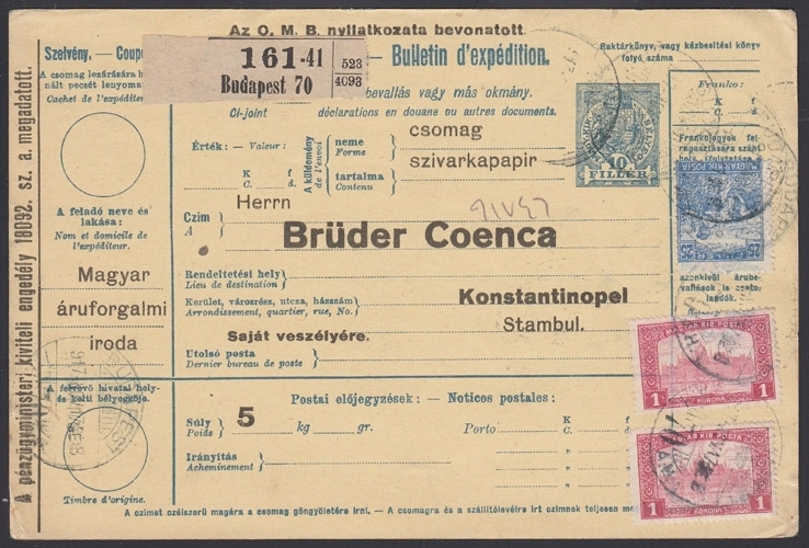 TURKEY, 1917. Hungary Parcel Card, Budapest - Cons-ple