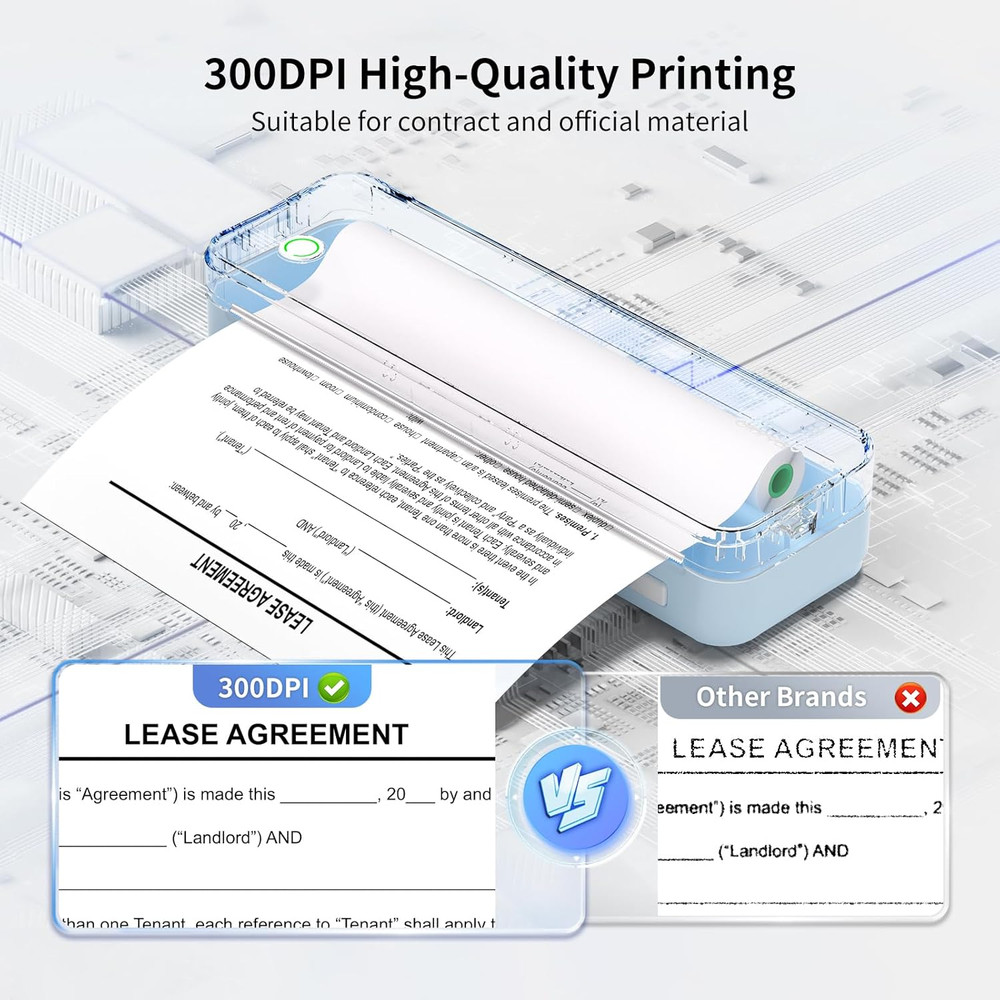 300DPI Portable Printer Wireless for Travel, Inkless Small Bluetooth Printers fo