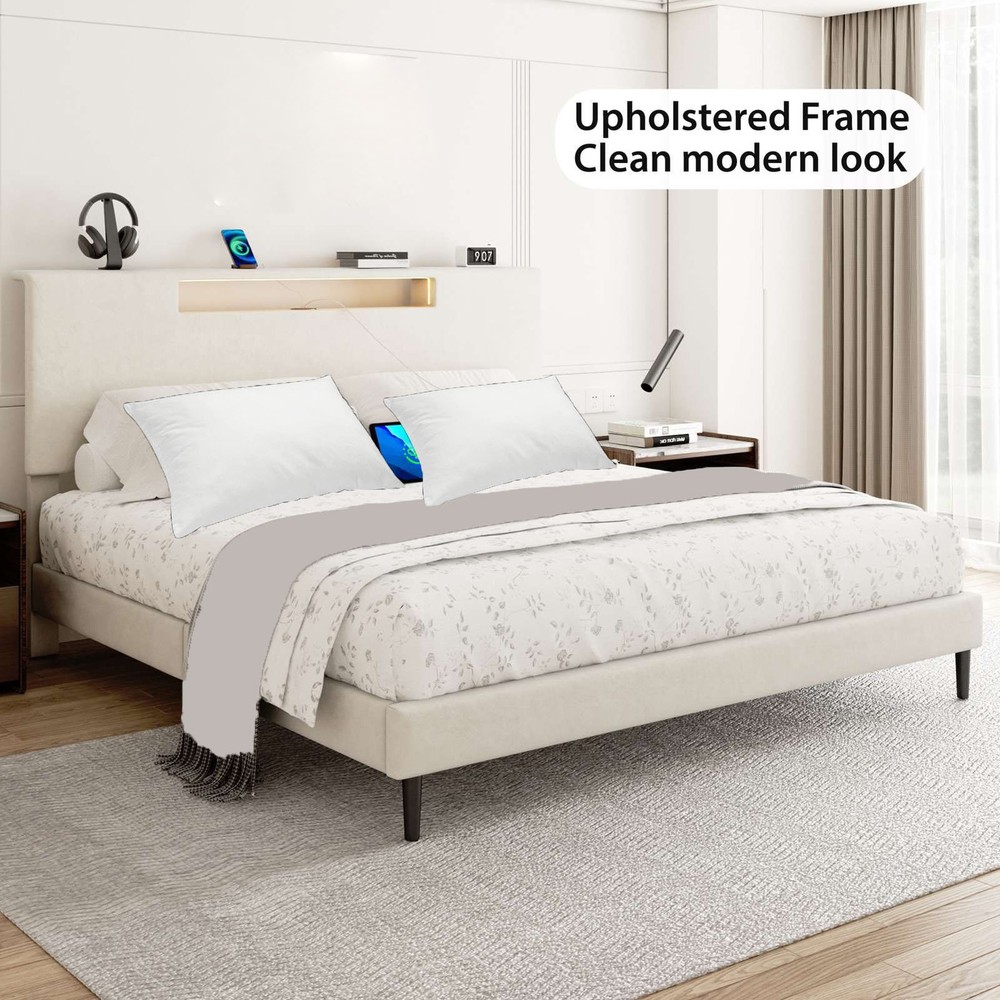Upholstered Platform Bed Large Size Frame With LED Light And Charging Function