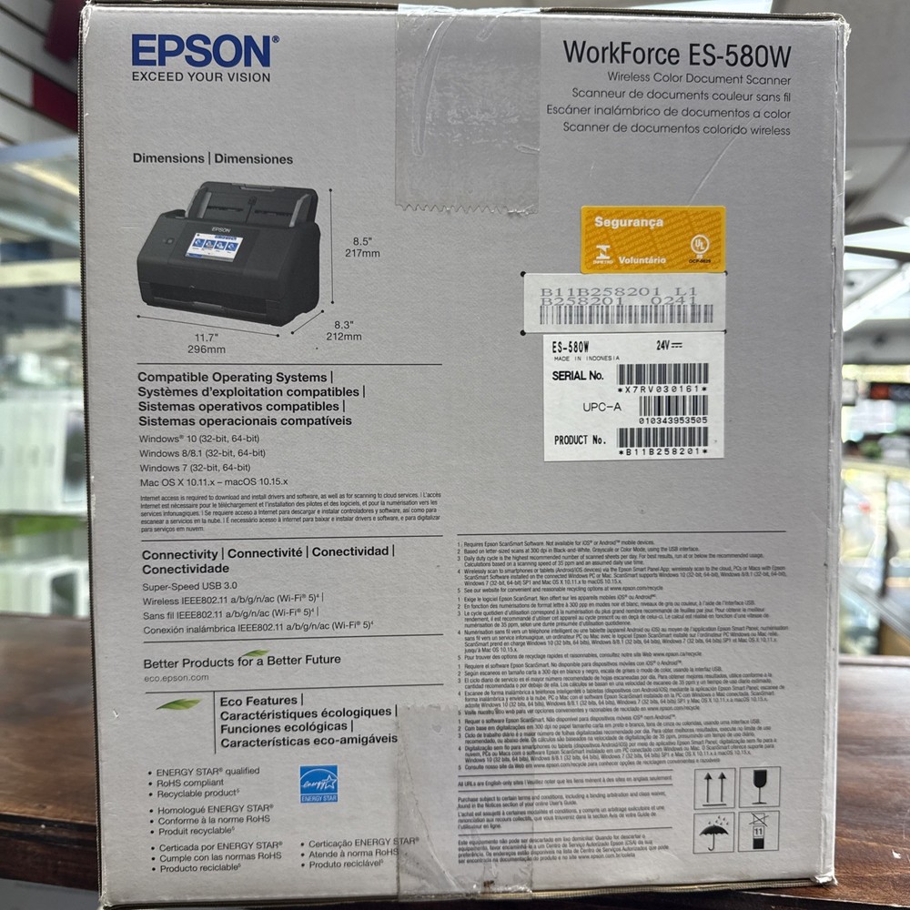 Epson WorkForce ES-580W Wireless Duplex Scanner - Brand NEW