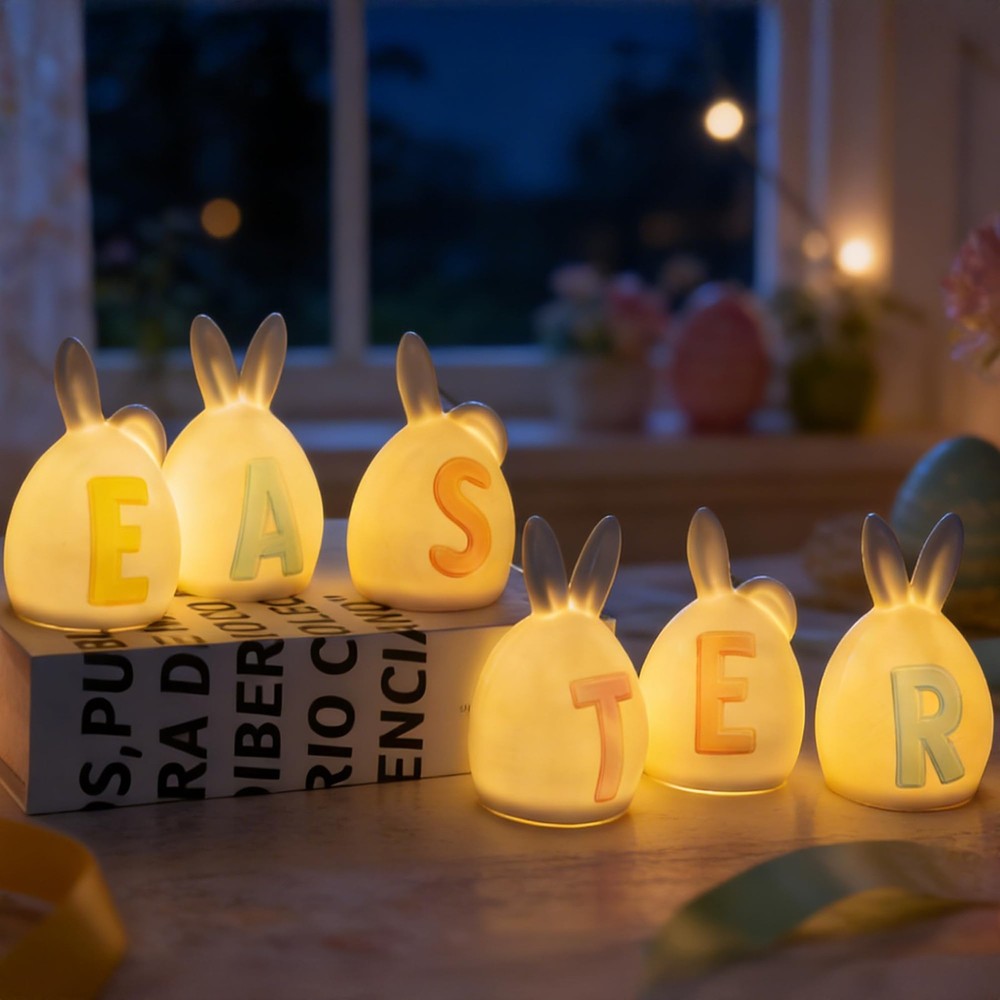 6 Pack Easter Lettered Bunny Decorations, Ceramic Lighted White Rabbit Figurines