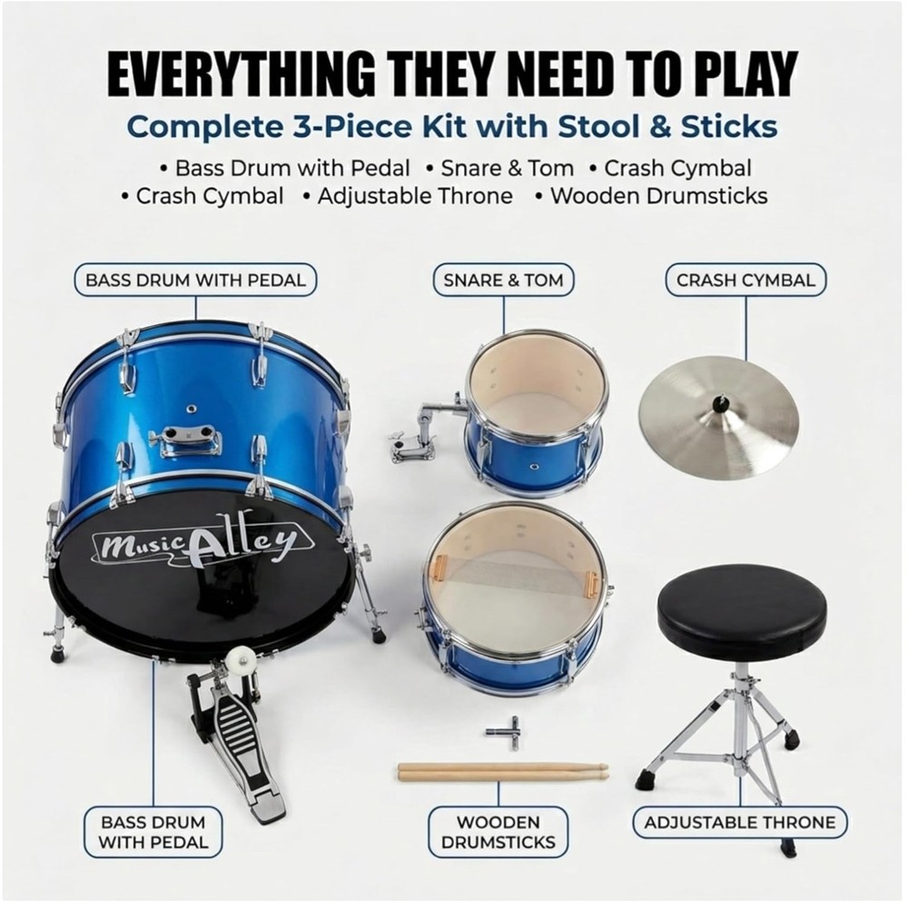 Children's 3 Piece Drum Set - Real Wood Construction