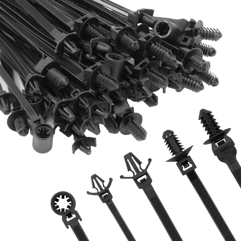 110 PCS Automotive Installation Black Push Mount Cable Zip Ties Assorted Sizes,