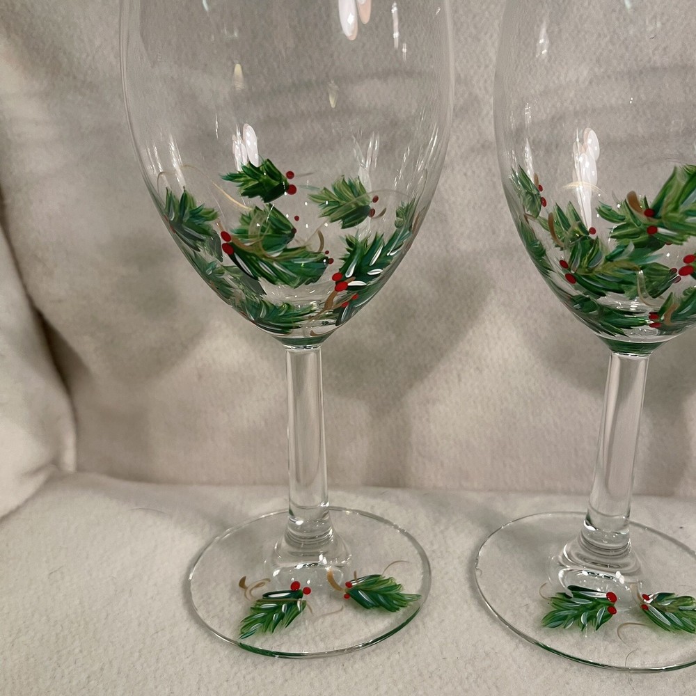 Hand Painted Holliberry Wine Glasses Set 3