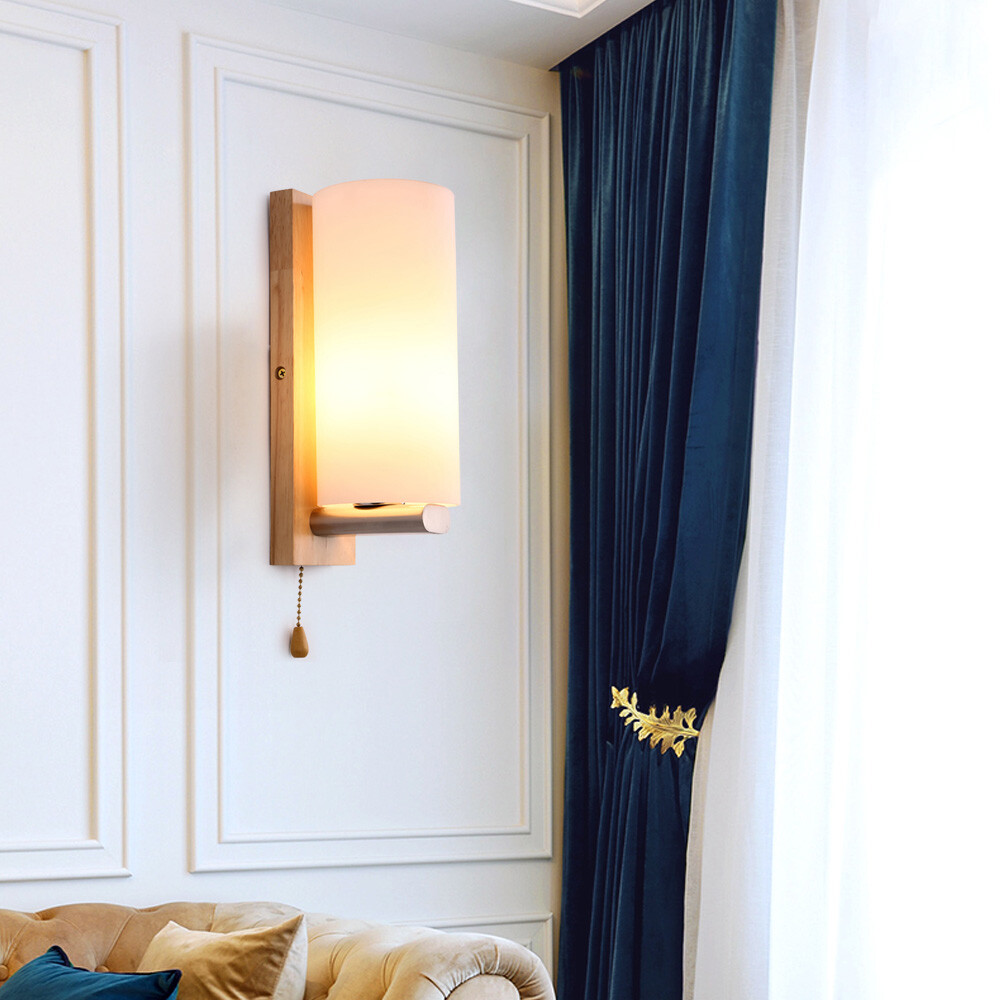 Modern White Wall Light Sconce Glass Shade Bedside Hallway Lamp With Pull Switch