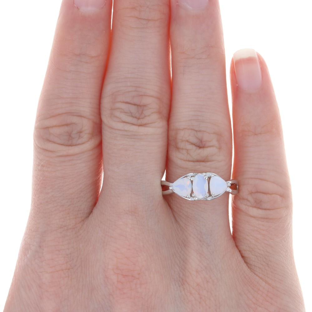 NEW Opalite Three Stone Ring - Sterling Silver Diamond Accents