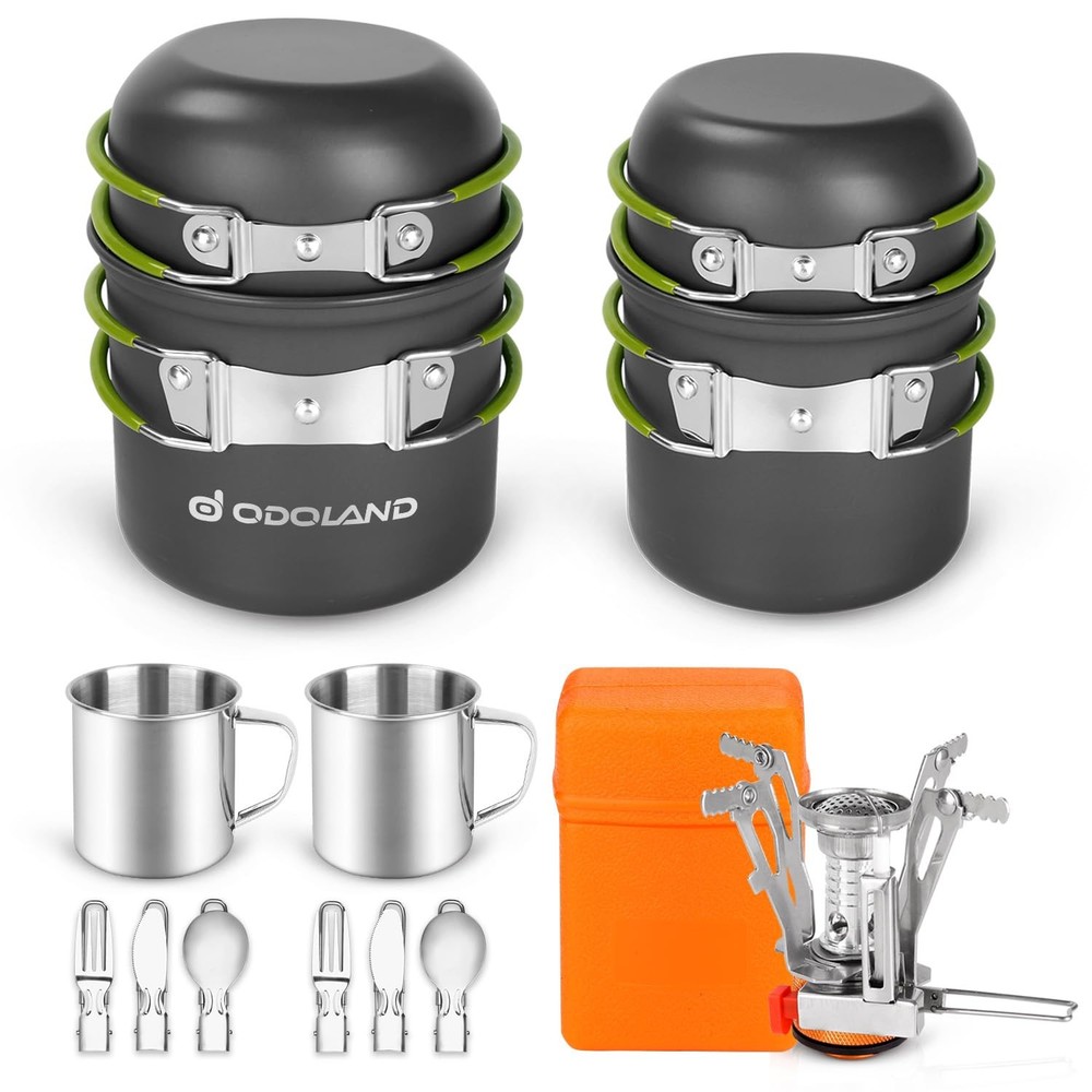 Odoland 16pcs Camping Cookware Mess Kit, Lightweight Pot Black/Silver/Gray