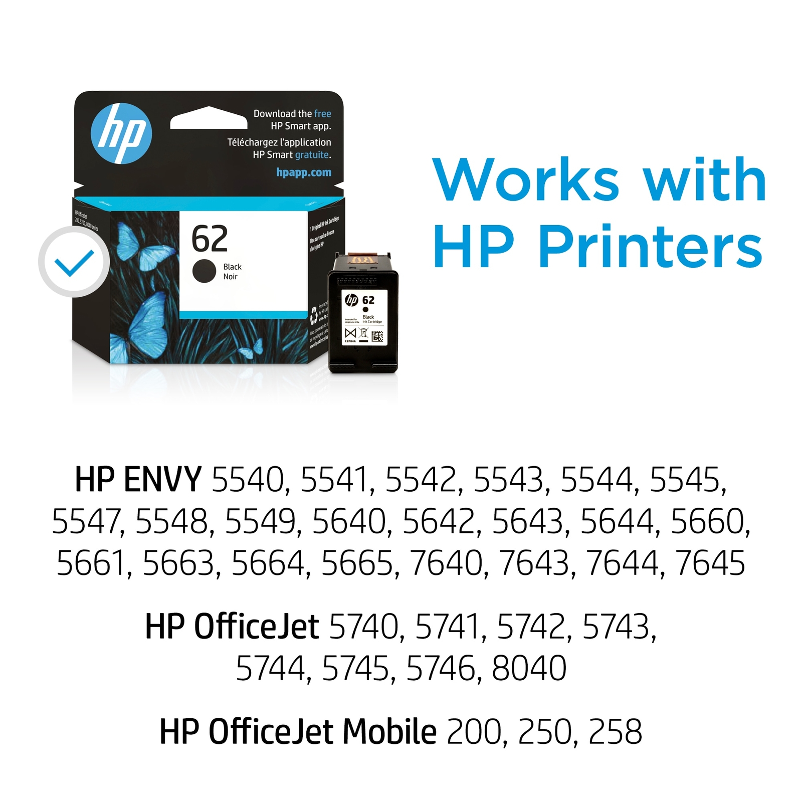 HP 62 Black Original Ink Cartridge, ~200 pages, C2P04AN#140