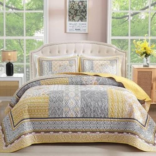 Quilt Set,Bohemian Patchwork Bedspread Coverlet Set, Reversible Full Yellow