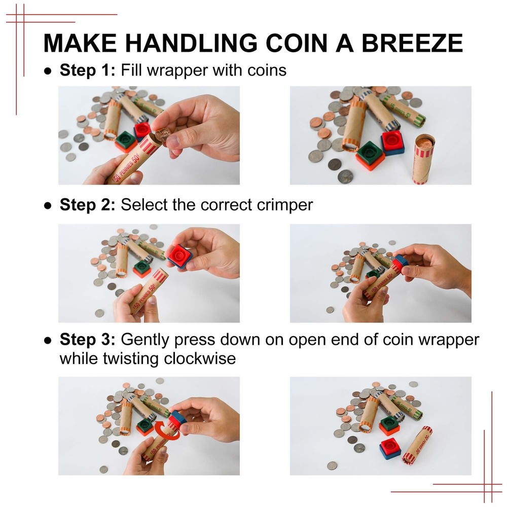 60 Assorted Coin Roll Wrappers with Color Coded Crimping Tool Quarters Dime
