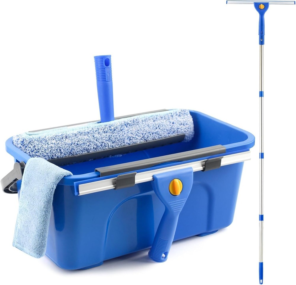 Professional 3 Gallon Window Cleaning Kit: Squeegee & Scrubber with Long Handle