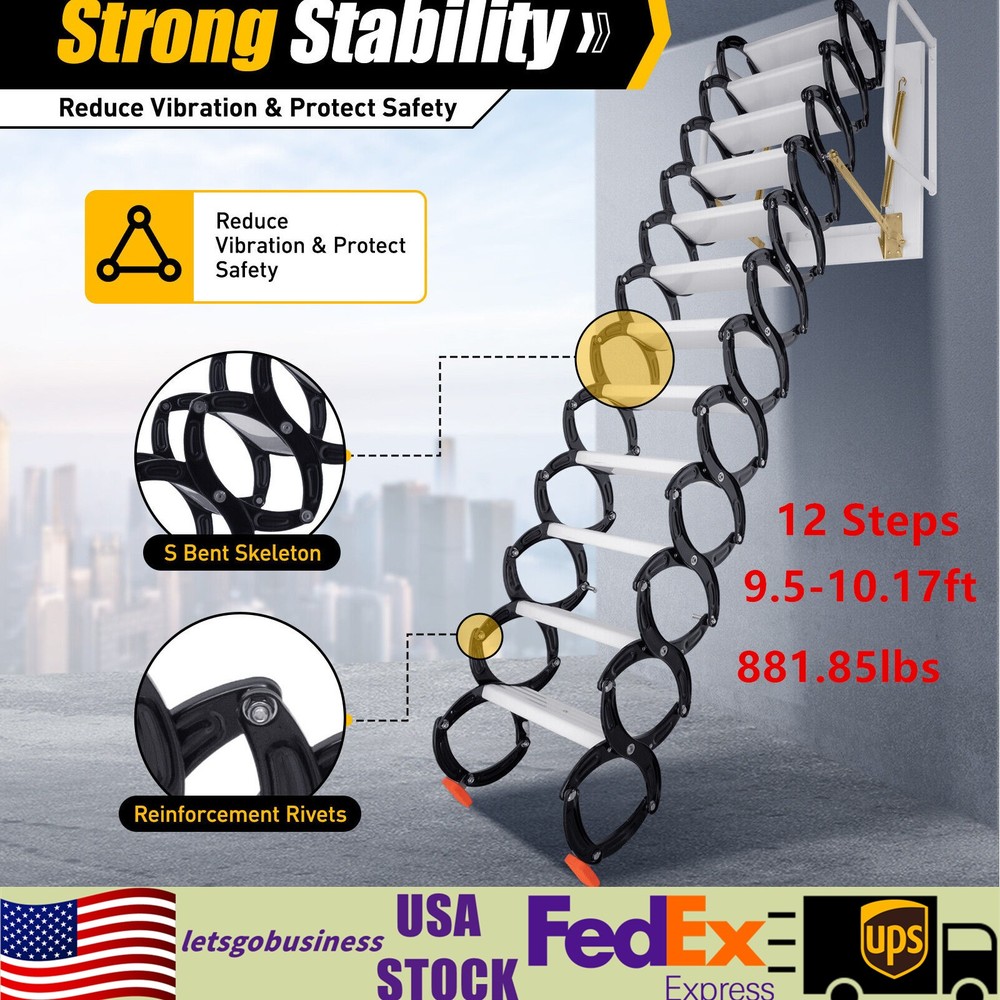 12 Steps Wall Mounted Folding Ladder Loft Stairs White Attic Steps Pull Down