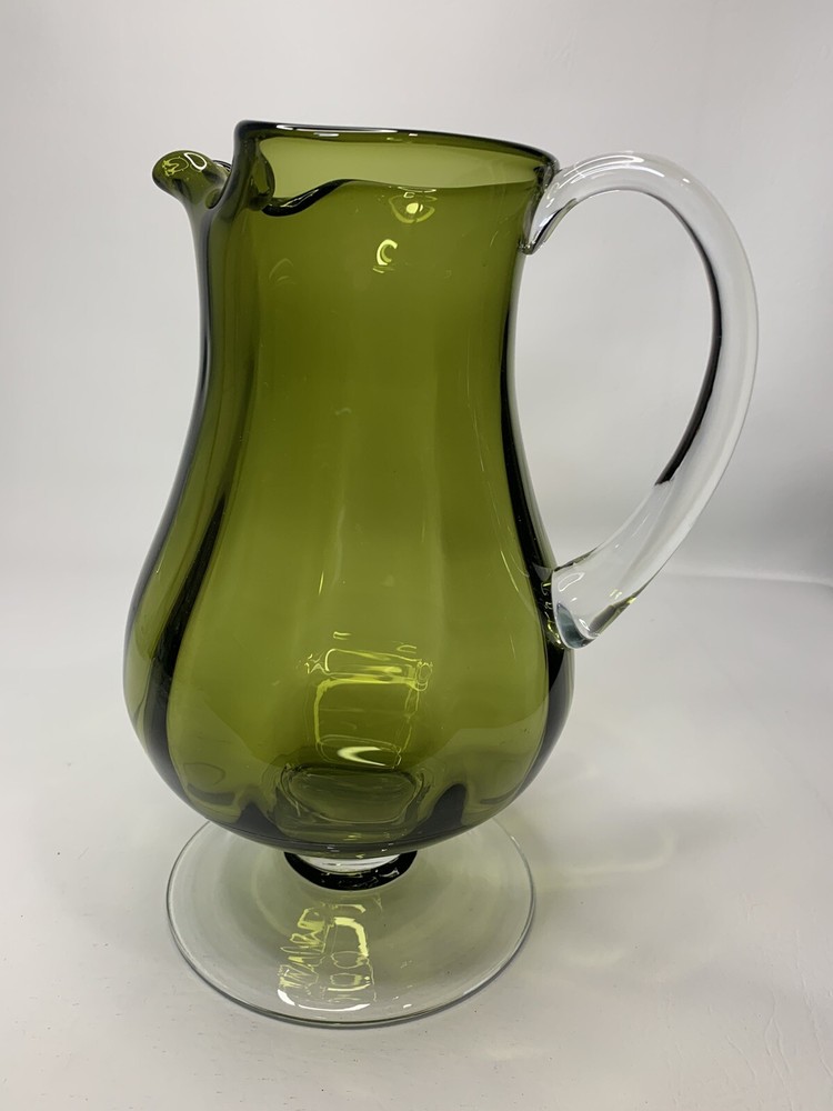 hand blown green footed 10 1/2" pitcher & applied clear handle