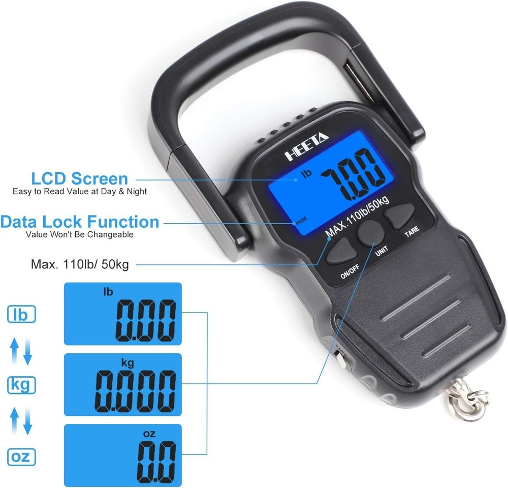 Compact Hanging Fish Scale with LCD Display, Tare Function & 2 AAA Batteries