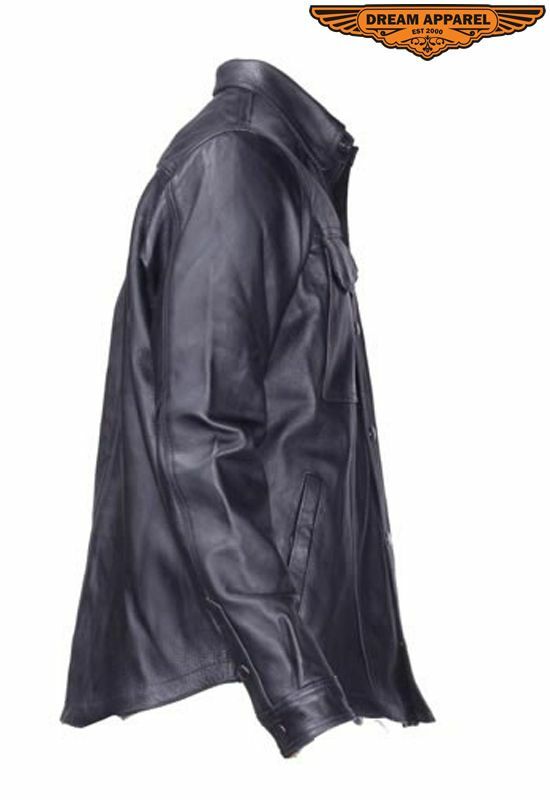 Men's Motorcycle Collared Leather Shirt w/Button Snap Closure & Multiple Pockets