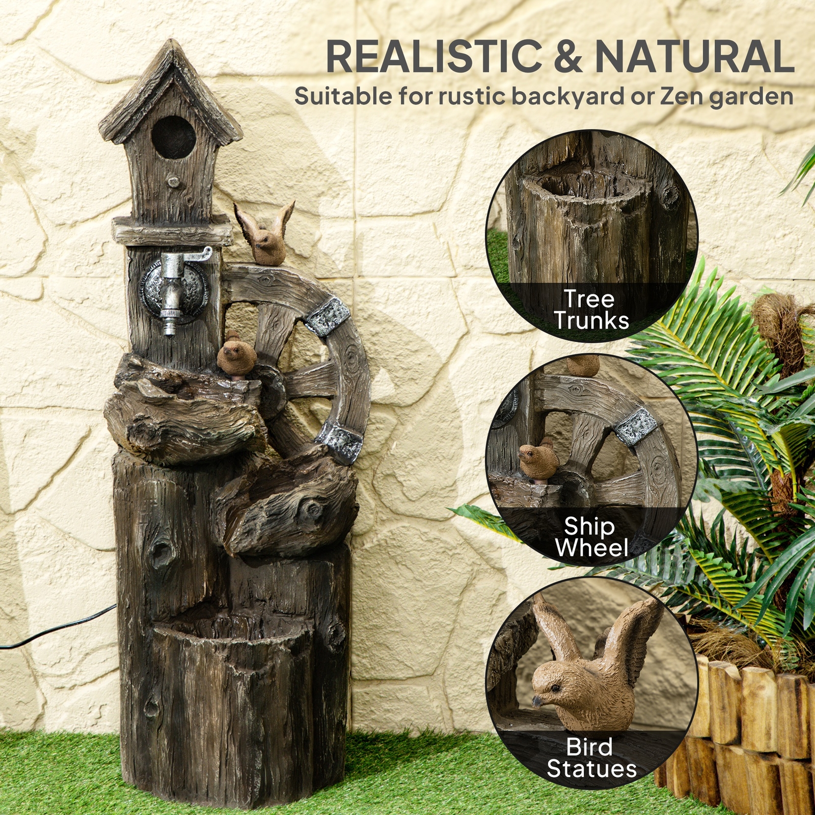 2-in-1 Outdoor Water Fountain Birdhouse Tree Trunk Water Feature