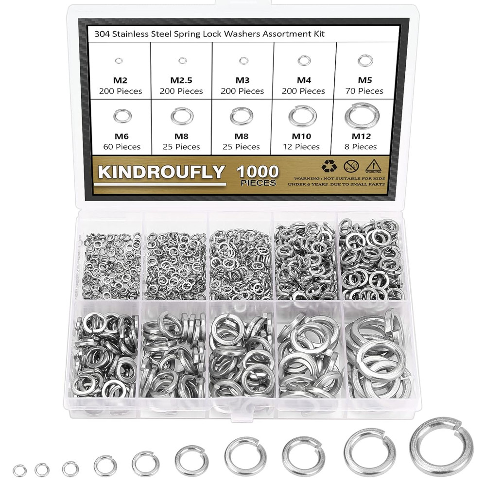 1000-Piece Stainless Steel Split Lock Washers Assortment Kit (9 Sizes)