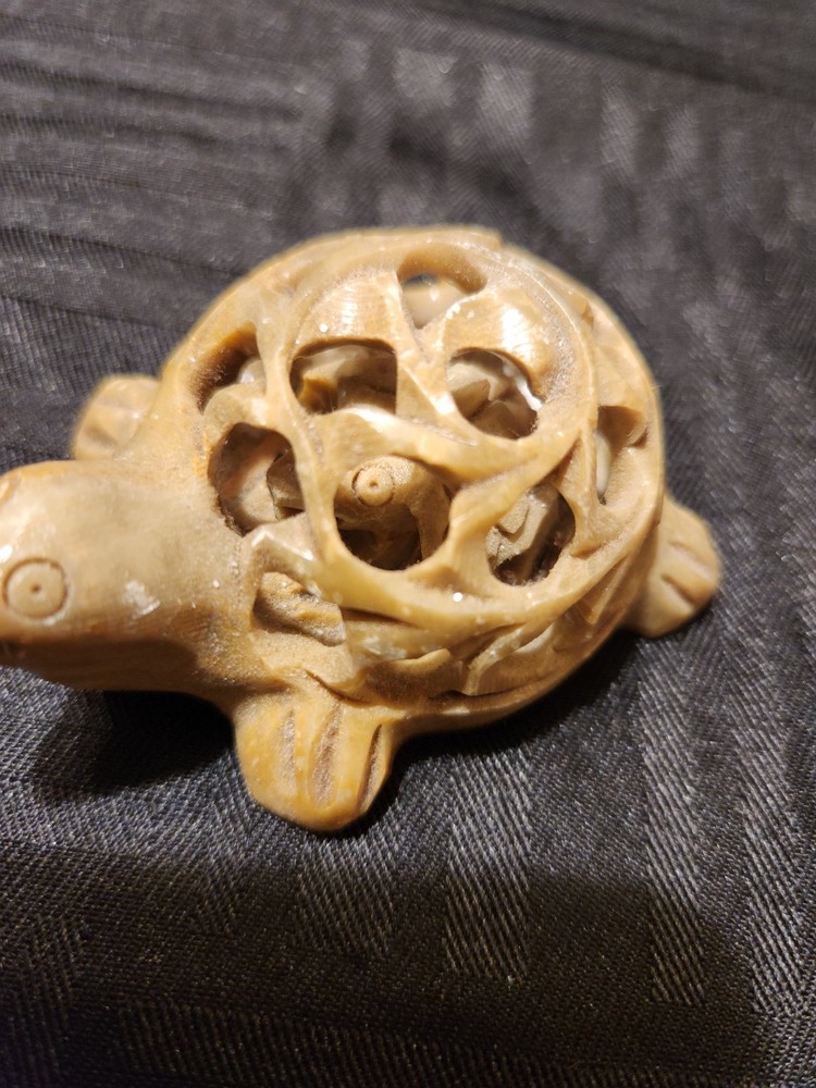 Hand Carved Stone Turtle Figurine Openwork Shell Turtle Inside Vintage Style