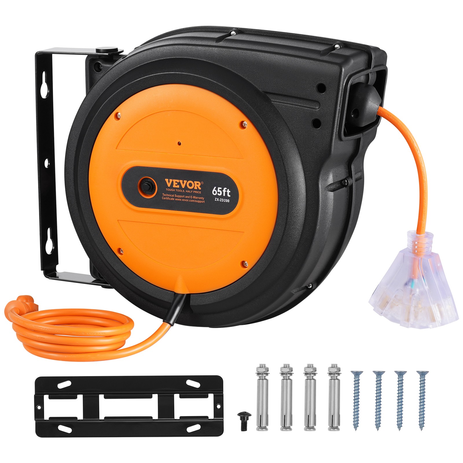 VEVOR Retractable Extension Cord Reel Power Cord Reel 65FT 12AWG/3C SJTOW