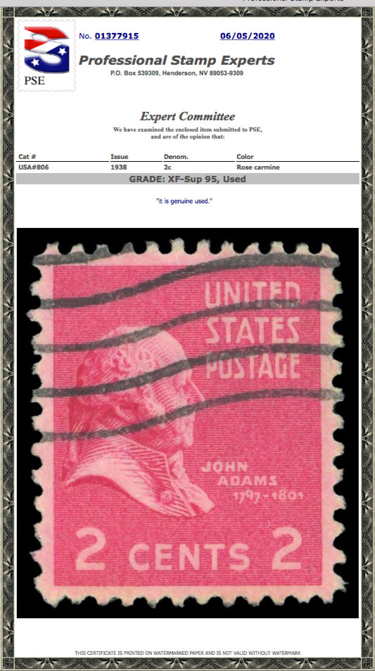 #806 Used, PSE Graded 95, Cert # 01377915