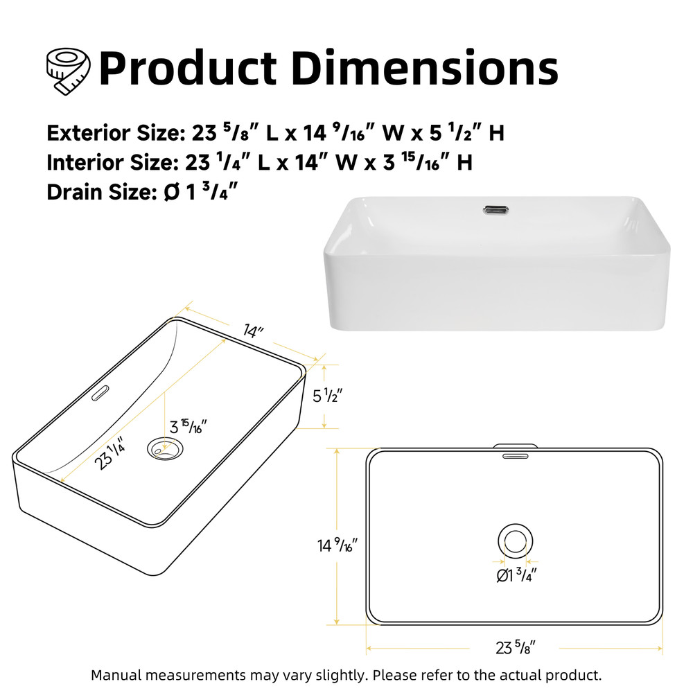 Los Flexi 24" x 15" Rectangular Vessel Sink with Overflow, White Porcelain