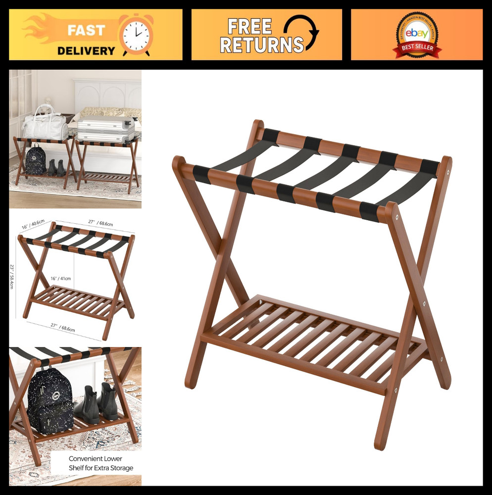 Foldable Luggage Rack with Storage Shelf - Heavy-Duty Bamboo Suitcase Stand for