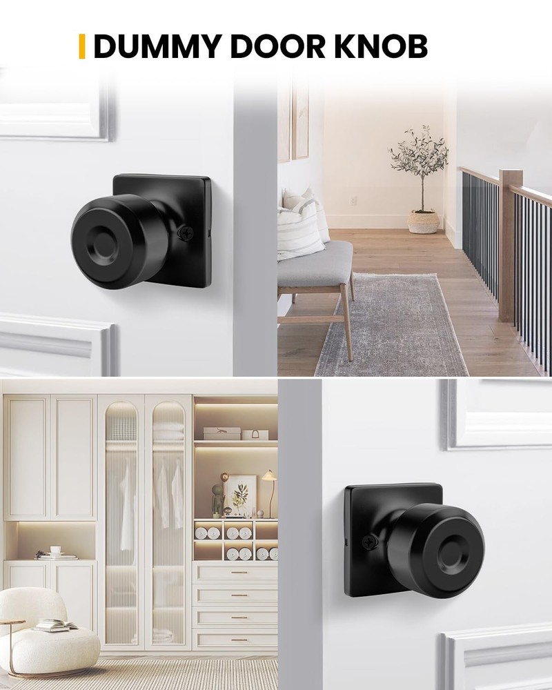 2 Pack Dummy Door Knobs, Matte Black Square Knob Faceplate Inactive Half, No-...