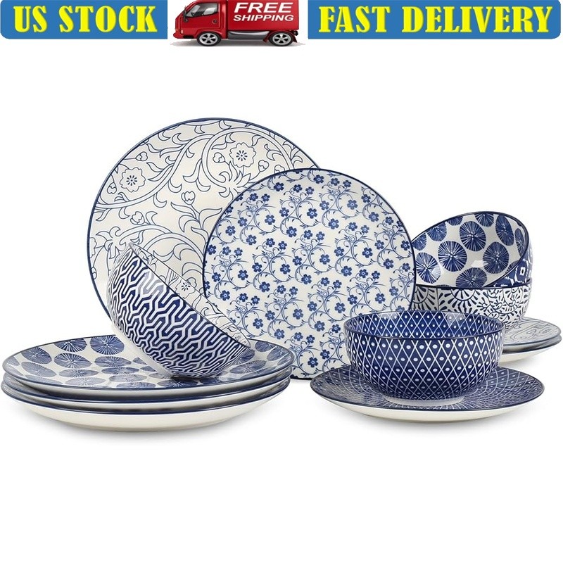 12 Piece Dinnerware Set Ceramic Plates Bowls Stackable Dishwasher Safe Floral US