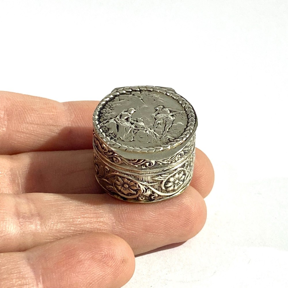 Antique Solid Silver Italian  miniature Pillbox , Hallmarked with romantic scene