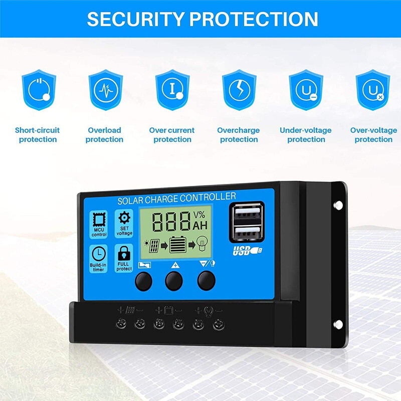 30A Solar Panel Battery Charge Controller 12V/24V LCD Regulator Auto Dual USB