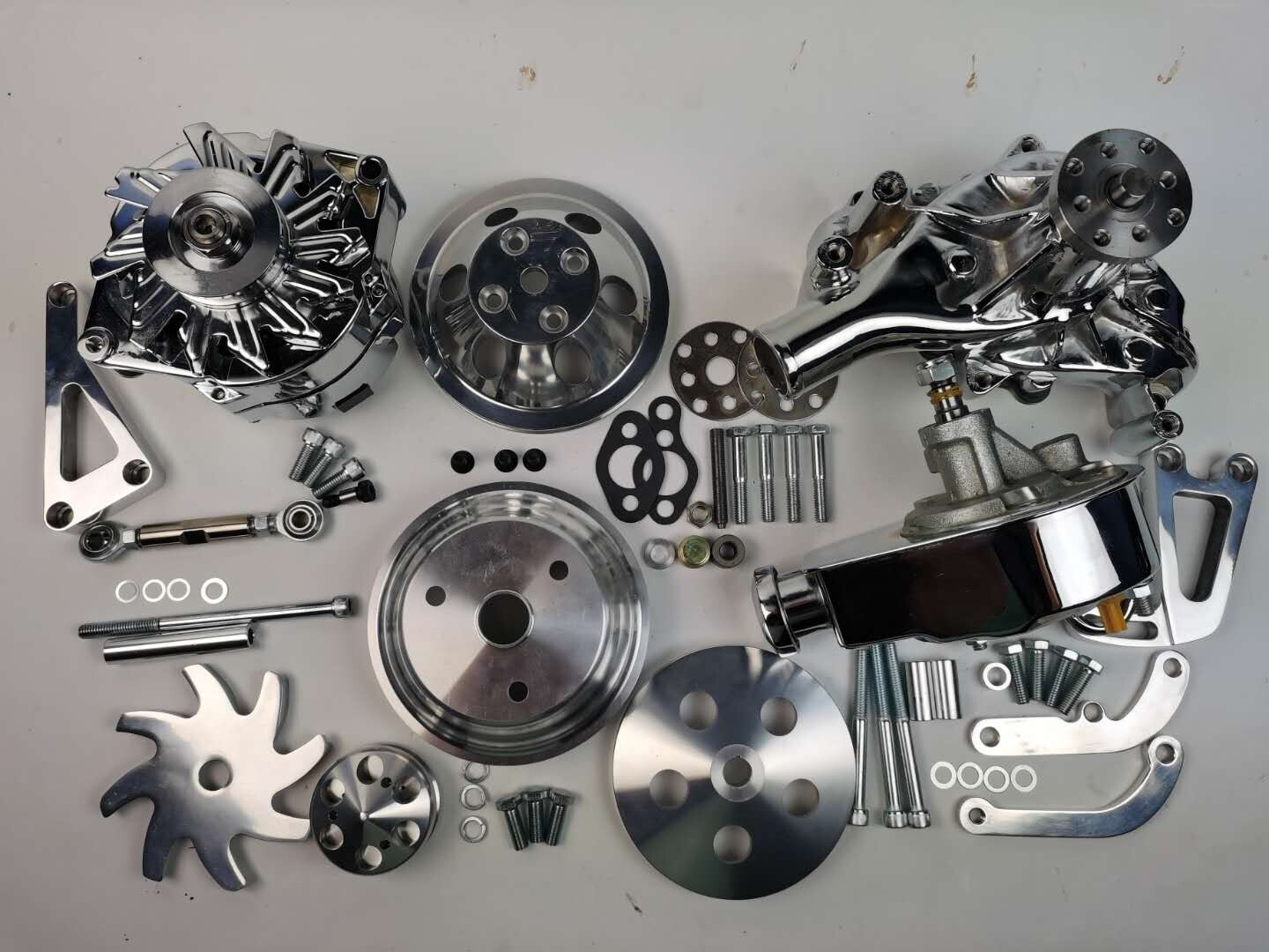 SBC SB Chevy Pulley & Bracket Kit w/ Power Steering Long Water Pump & Alternator