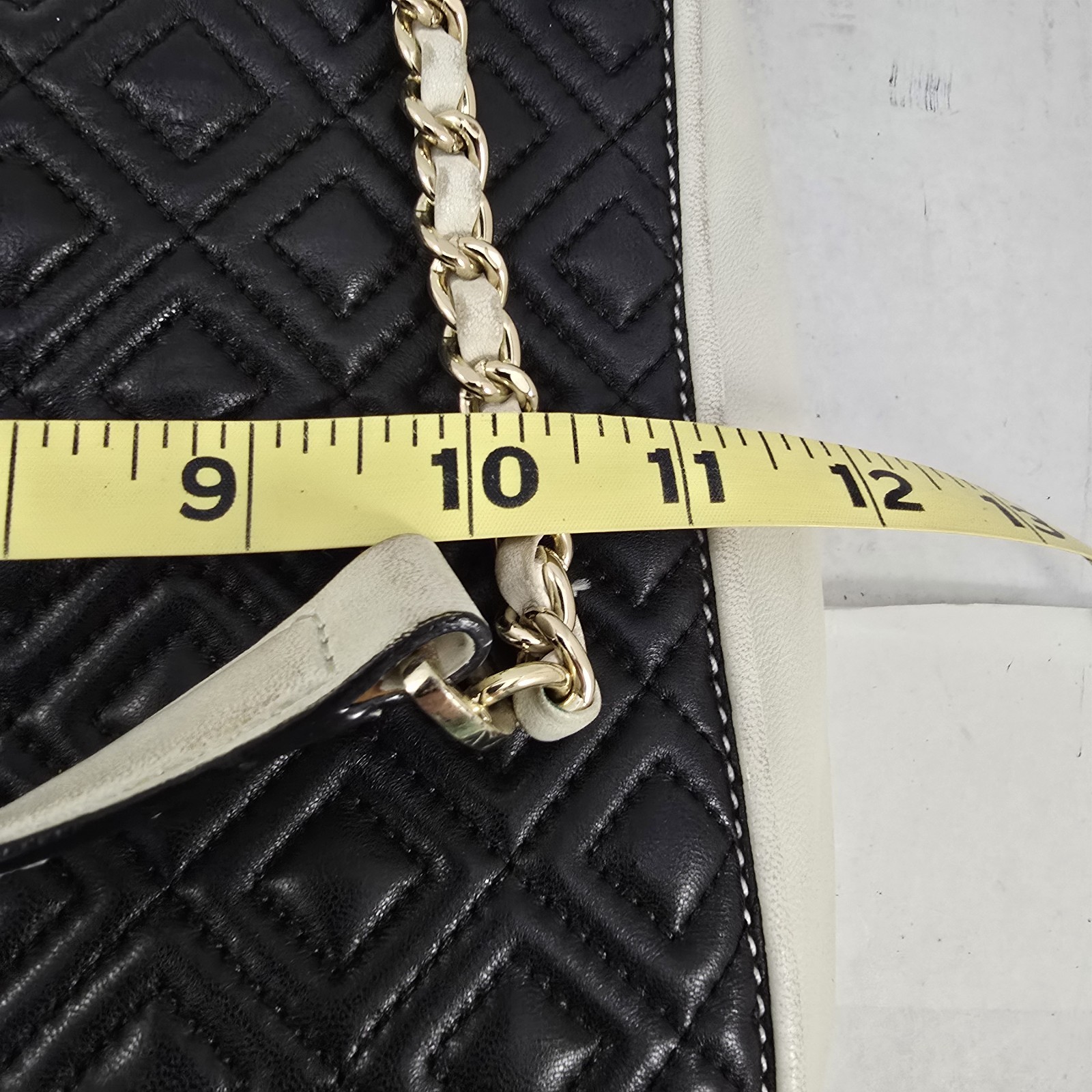 Tory Burch Fleming Quilted Leather Tote Black Ivory Chain Shoulder Bag