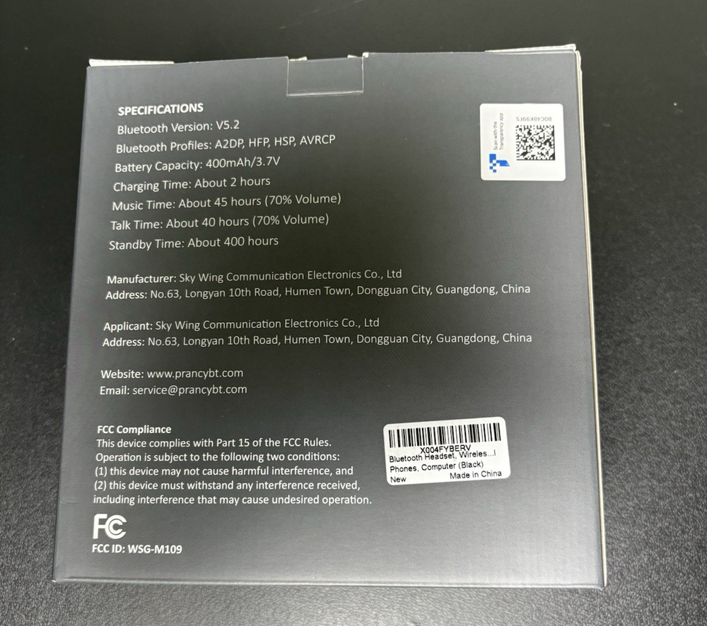 Prancy KH122M Bluetooth Headset V5.2 Wireless Headset + Charging Base - NIB