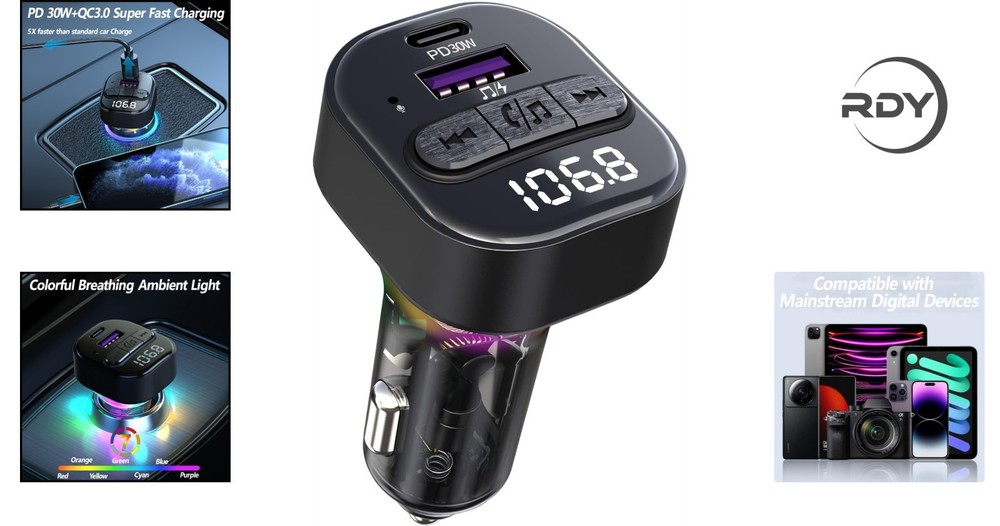 Smart Bluetooth 5.3 FM Transmitter with Fast Charging & Noise Cancellation