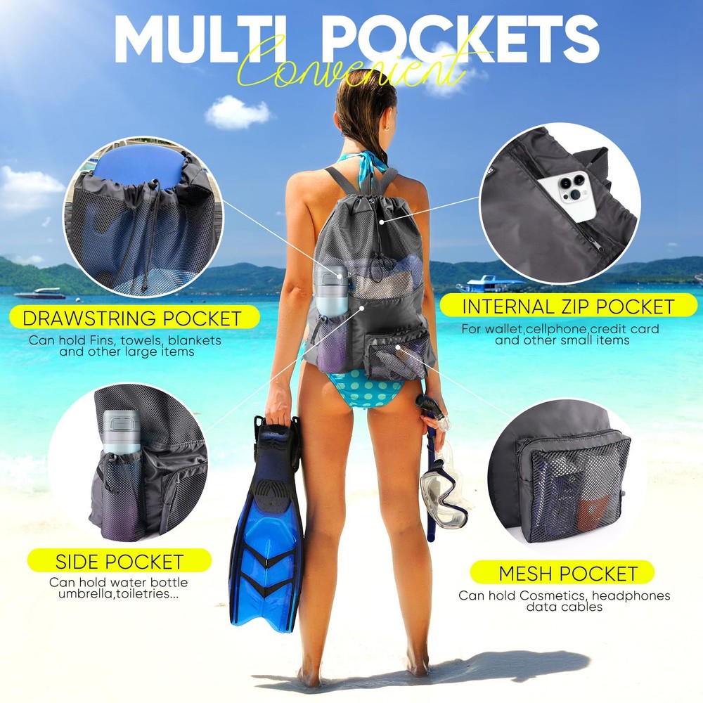 Swim Backpack Mesh Bag, Large Waterproof Drawstring Beach Pool