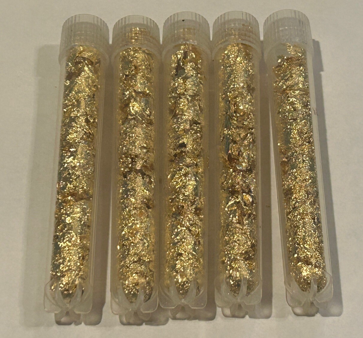 5 Gold Flake Large Vials... 5mil. 3.5” Stand able Test Tubes. BEST DEAL !!