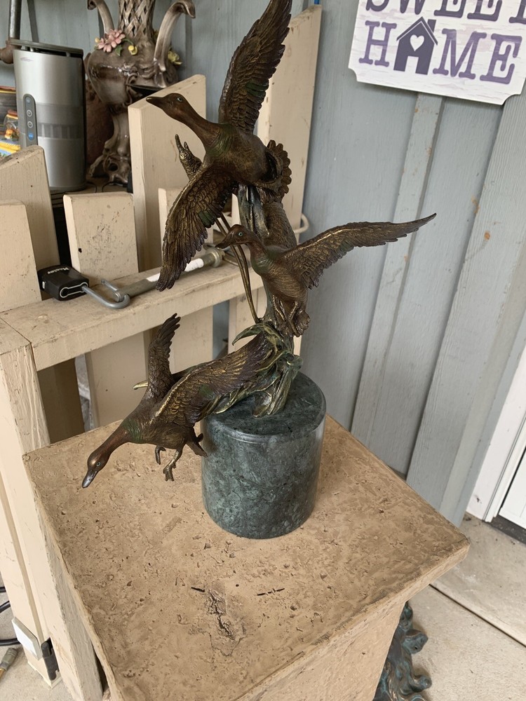 Beautiful Bronze Birds Statue With Marble Cylinder Base