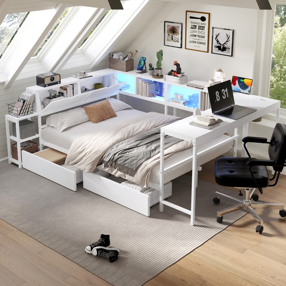 Corner Bed Frame Full Size with Bookcase and 2 Underbed Storage Drawers, Moder