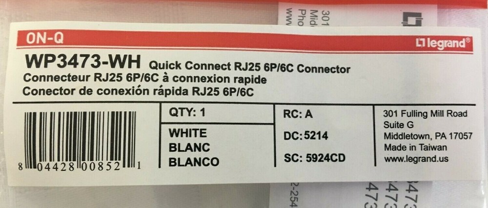 Legrand Quick Connect 6 Position 6 Conductor Telephone Keystone Insert White