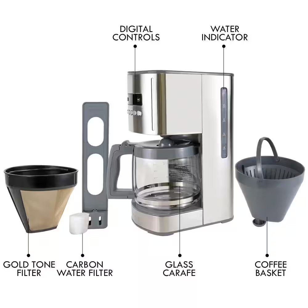Programmable 12 Cup Silver/Stainless Steel Drip Coffee Maker with Aroma Control