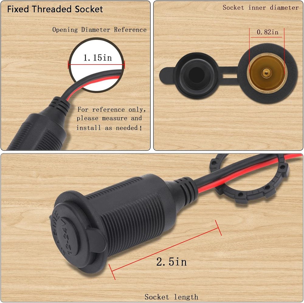 2FT 12V/24V Fixed Thread Cigarette Lighter Socket Extension Cable with Perforate