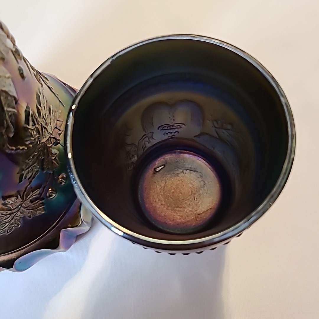 vtgNORTHWOOD CARNIVAL GLASS GRAPE & CABLE WHISKEY DECANTER & SHOT GLASS AMETHYST