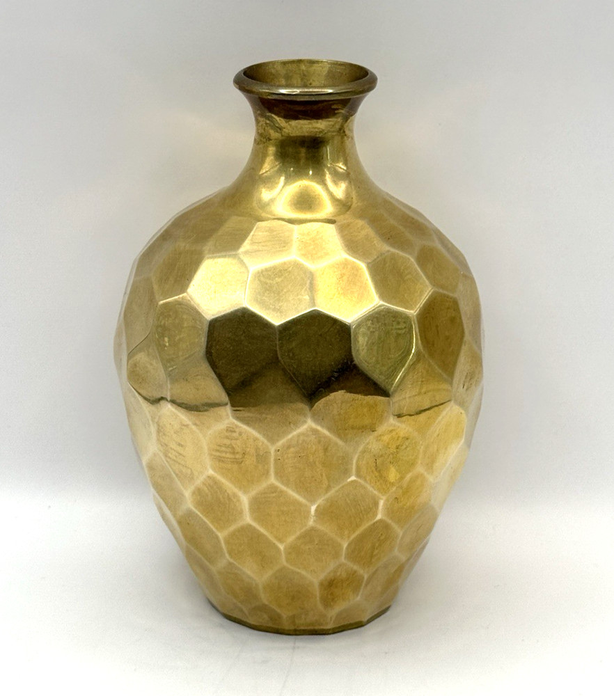 Vintage Solid Brass Faceted Honeycomb Vase -  Geometric Pattern - 6” Tall