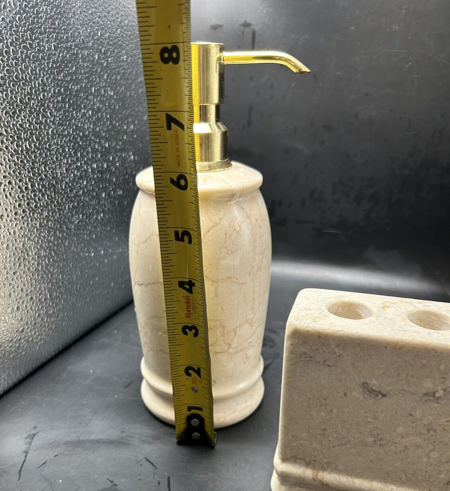 Frontgate Designer Solid Travertine Marble Toothbrush Holder & Lotion Dispenser