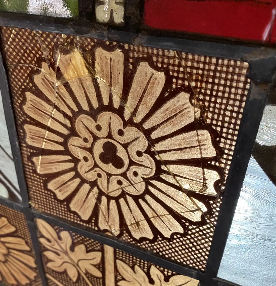Arts & Crafts Leaded Stained Glass Window Panel with Iron Frame